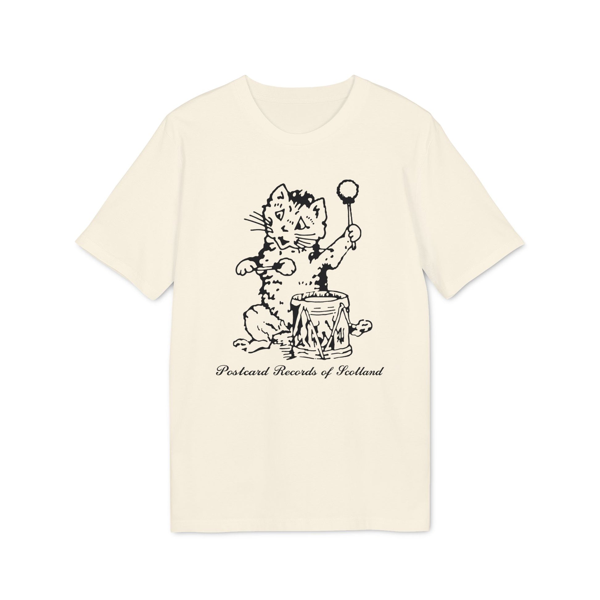 Cream t-shirt with black drawing of a cat playing a drum and text "Postcard Records of Scotland".