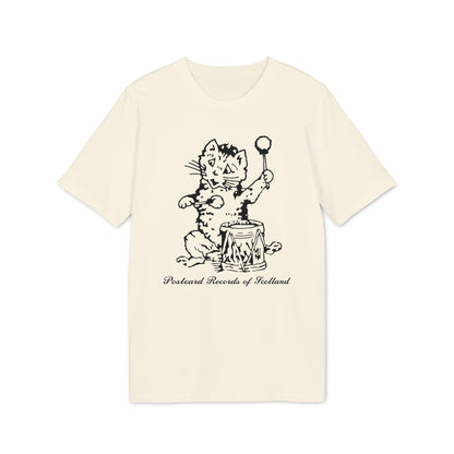 Cream t-shirt with black drawing of a cat playing a drum and text "Postcard Records of Scotland".