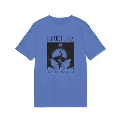 Blue t-shirt with Sun Ra and "Space Is The Place" graphic print.