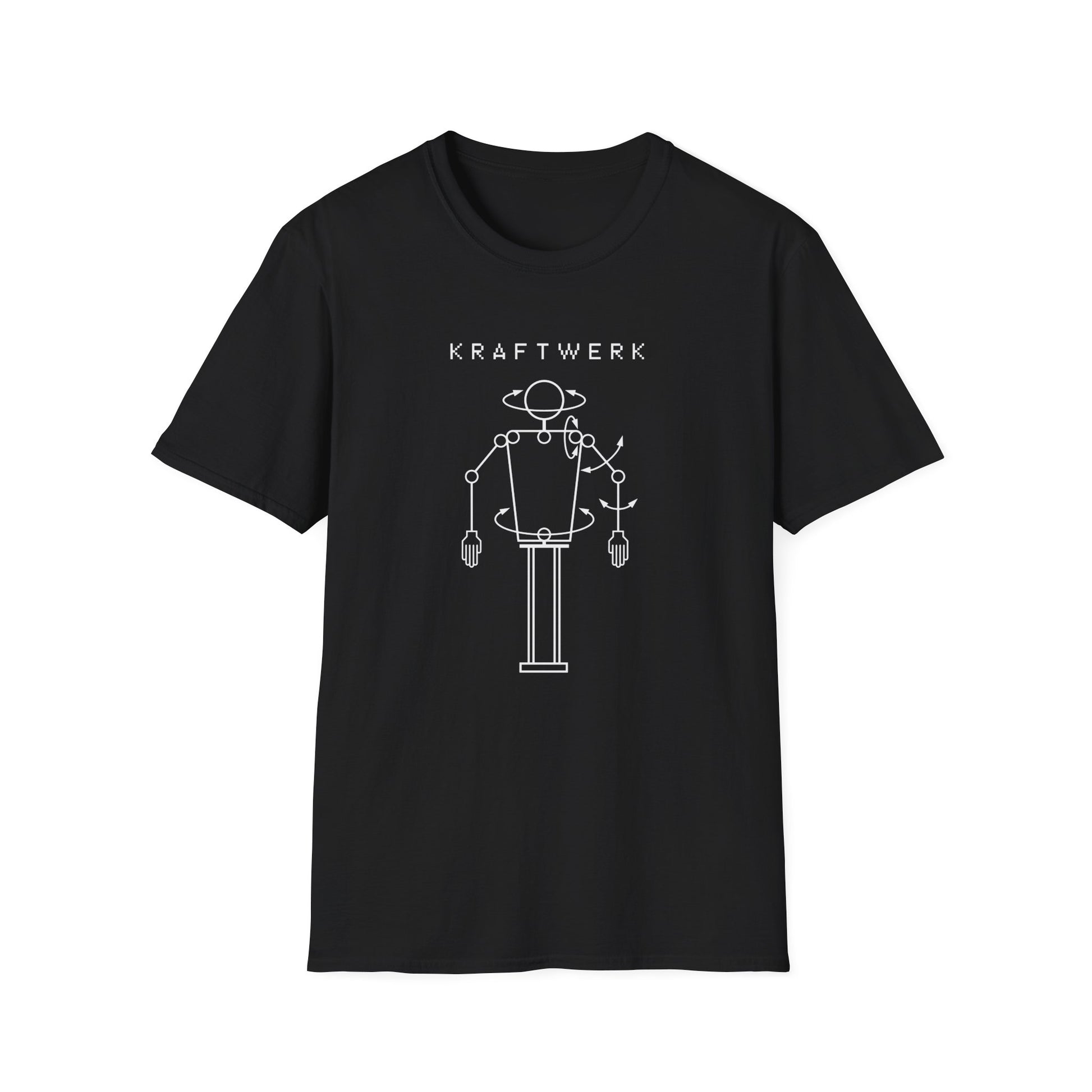 Black t-shirt with "KRAFTWERK" and a white line drawing of a robotic figure.