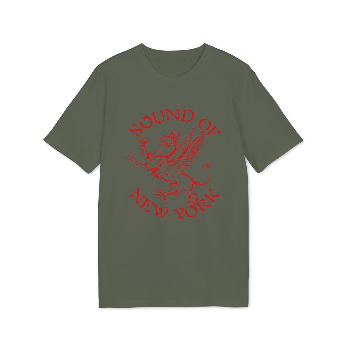 Green t-shirt with red griffin graphic and text "SOUND OF NEW YORK".