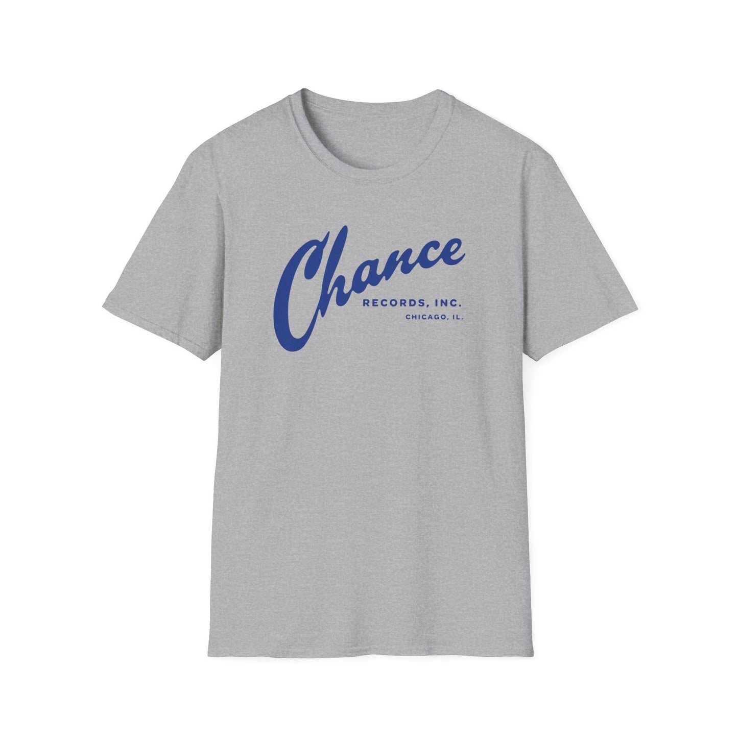 Grey t-shirt with blue "Chance Records, Inc. Chicago, IL." text.