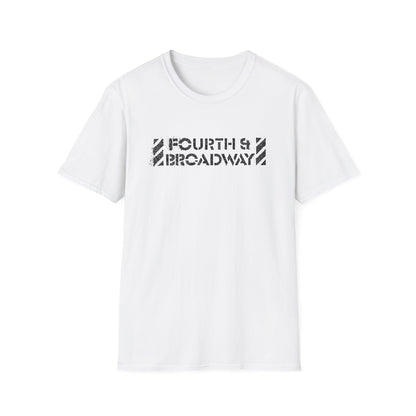 White t-shirt with distressed "FOURTH & BROADWAY" text graphic.