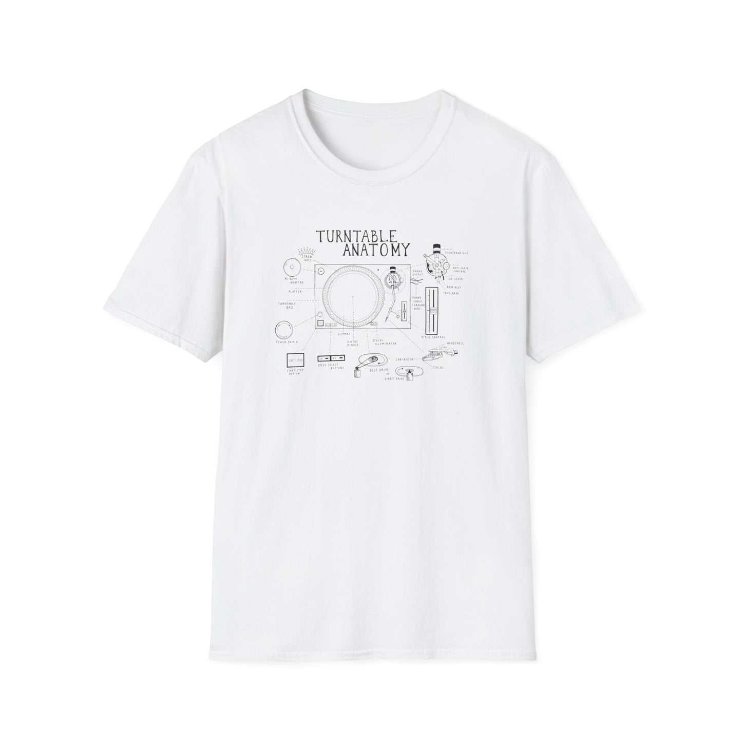 White t-shirt with "Turntable Anatomy" graphic and labeled turntable diagram.