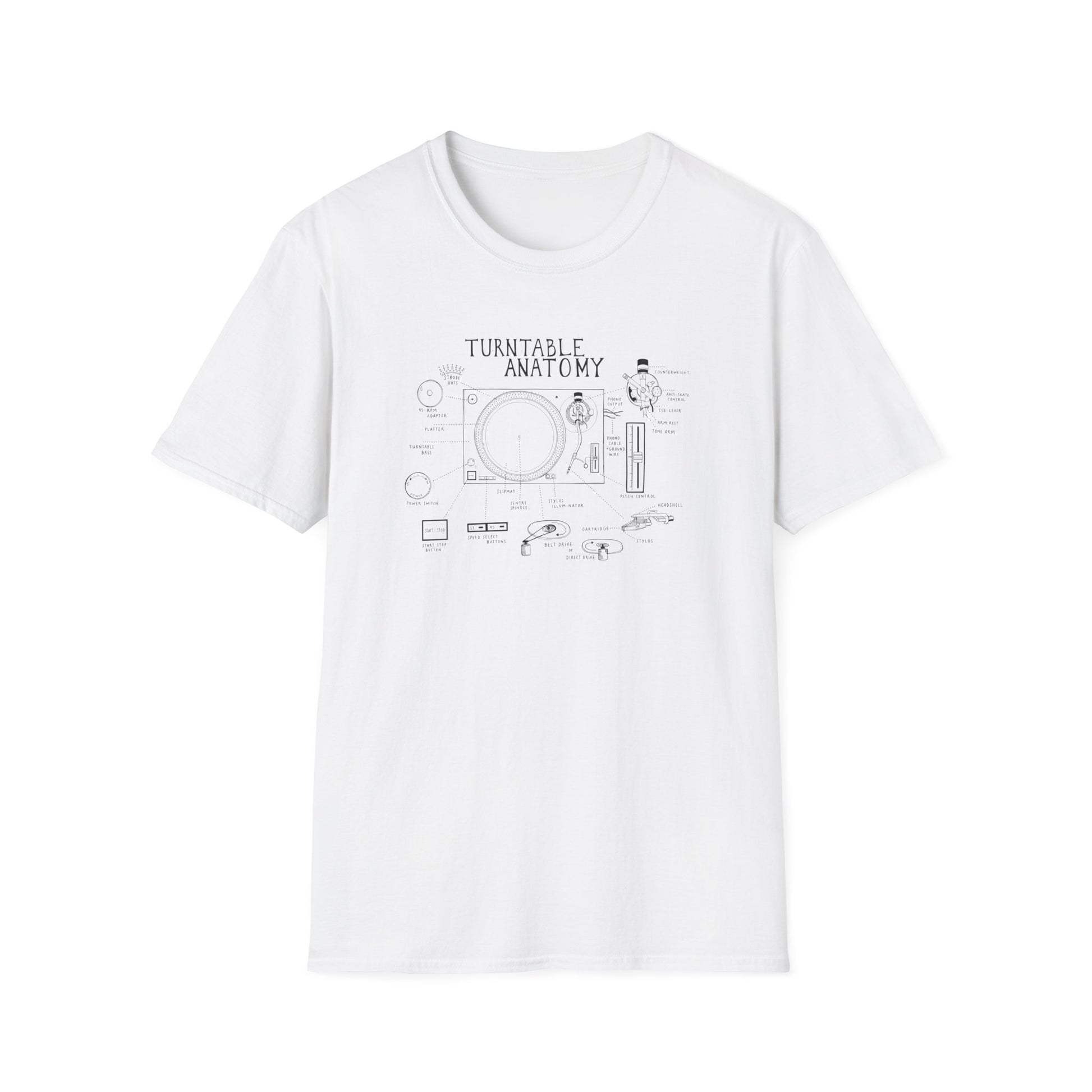 White t-shirt with "Turntable Anatomy" graphic and labeled turntable diagram.
