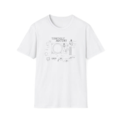 White t-shirt with "Turntable Anatomy" graphic and labeled turntable diagram.