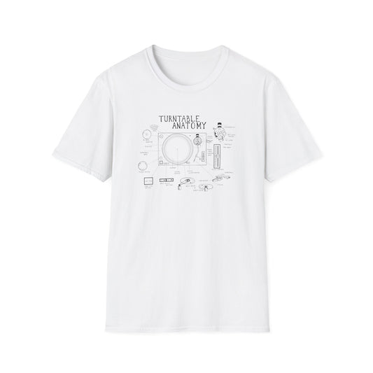 White t-shirt with "Turntable Anatomy" graphic and labeled turntable diagram.