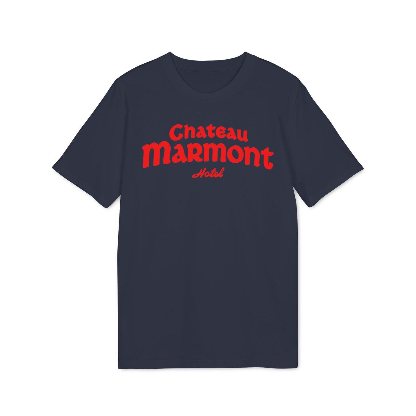 Navy t-shirt with red Chateau Marmont Hotel text.