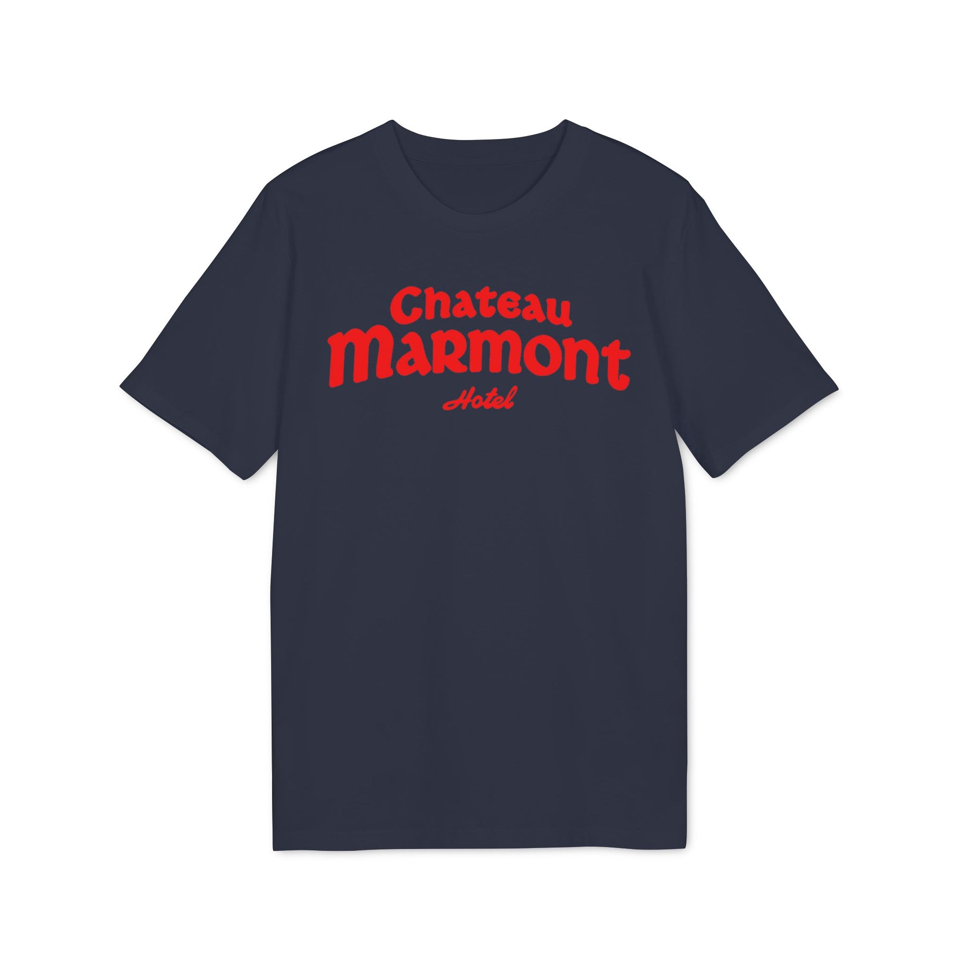 Navy t-shirt with red Chateau Marmont Hotel text.