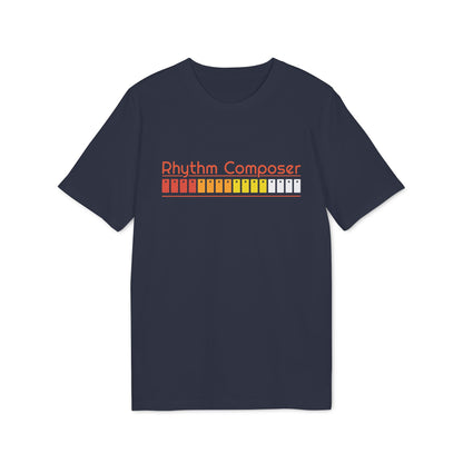 Dark t-shirt with "Rhythm Composer" text and a colorful equalizer graphic.