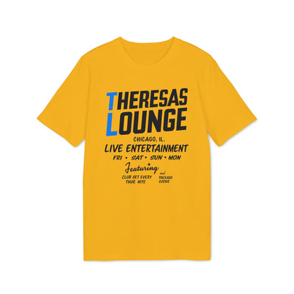 Yellow t-shirt featuring "Theresas Lounge" and "Live Entertainment" with Chicago details.
