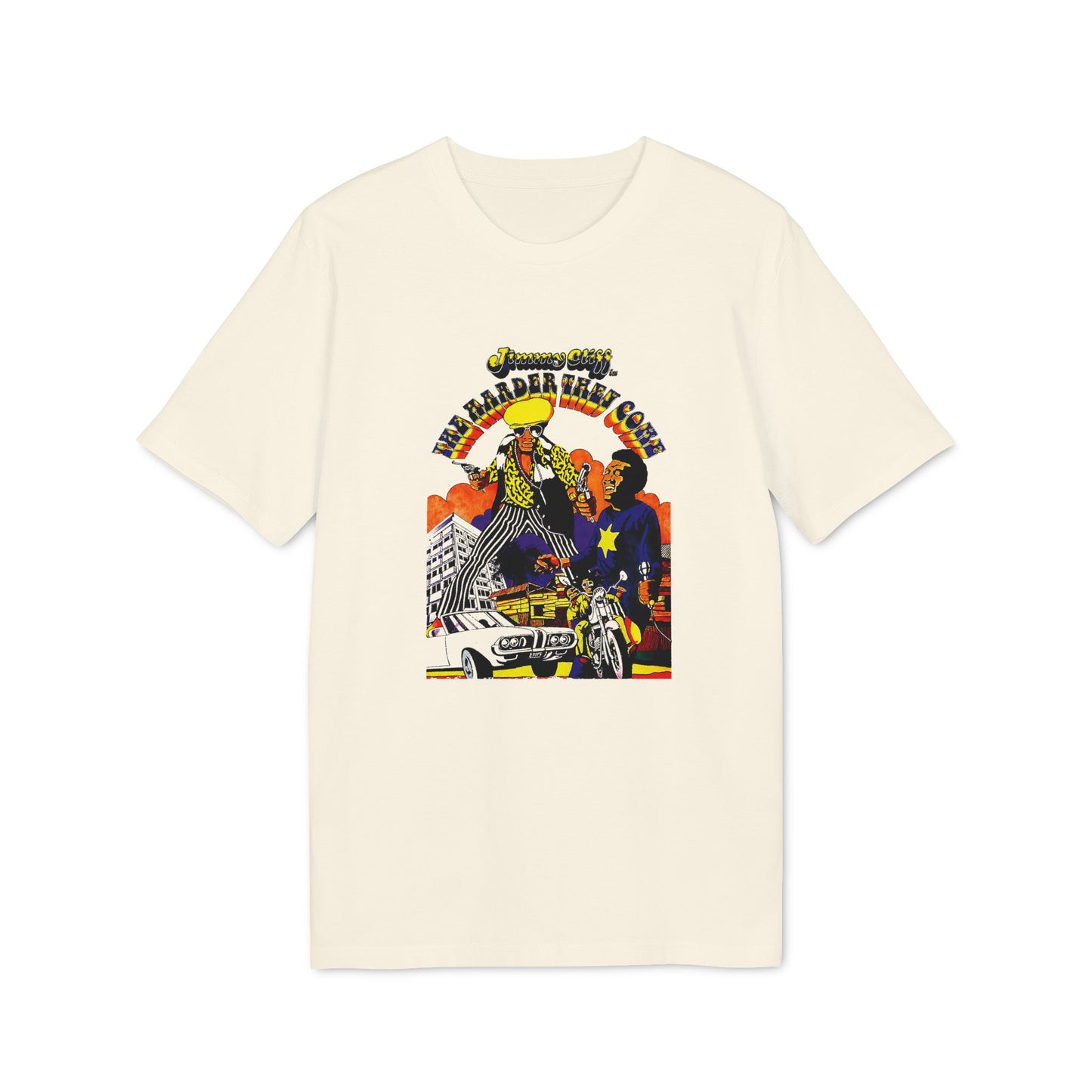 Jimmy Cliff "The Harder They Come" graphic with people, car, and motorcycle.