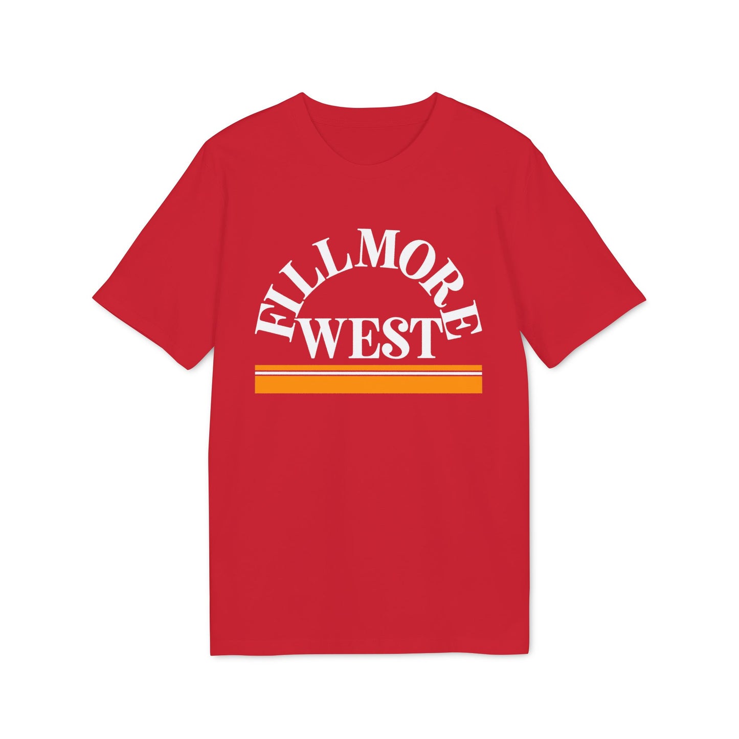 Red t-shirt with white "Fillmore West" text and orange and yellow stripes.