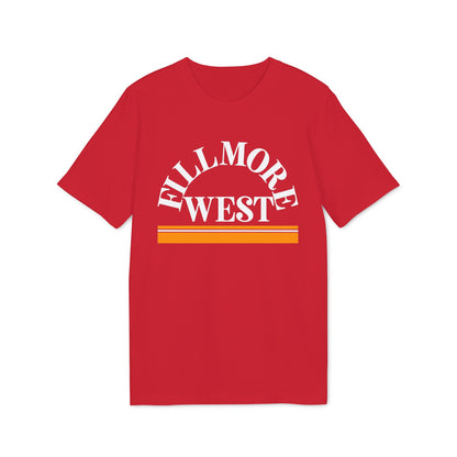 Red t-shirt with white "Fillmore West" text and orange and yellow stripes.