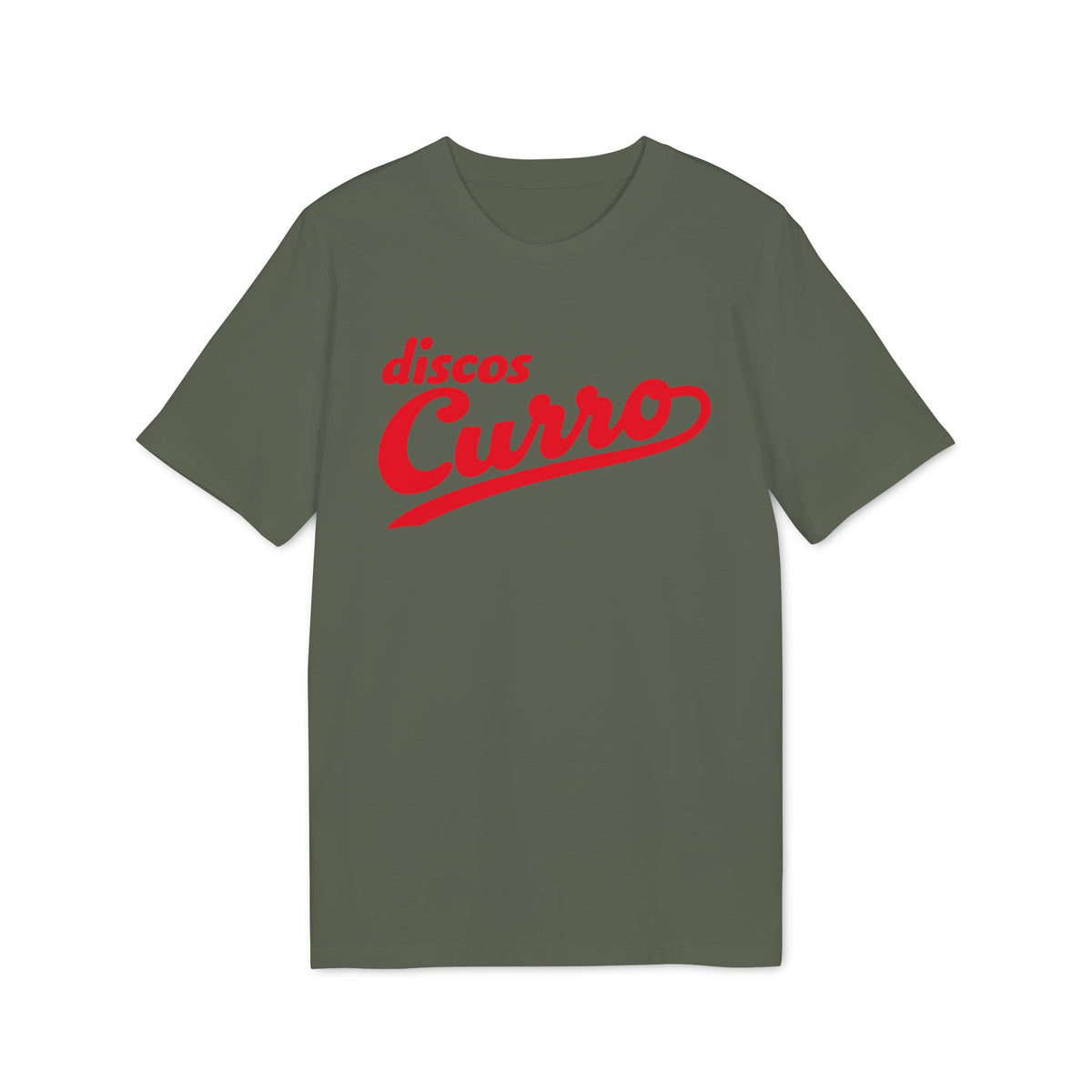 Olive green t-shirt with red "discos Curro" text logo.