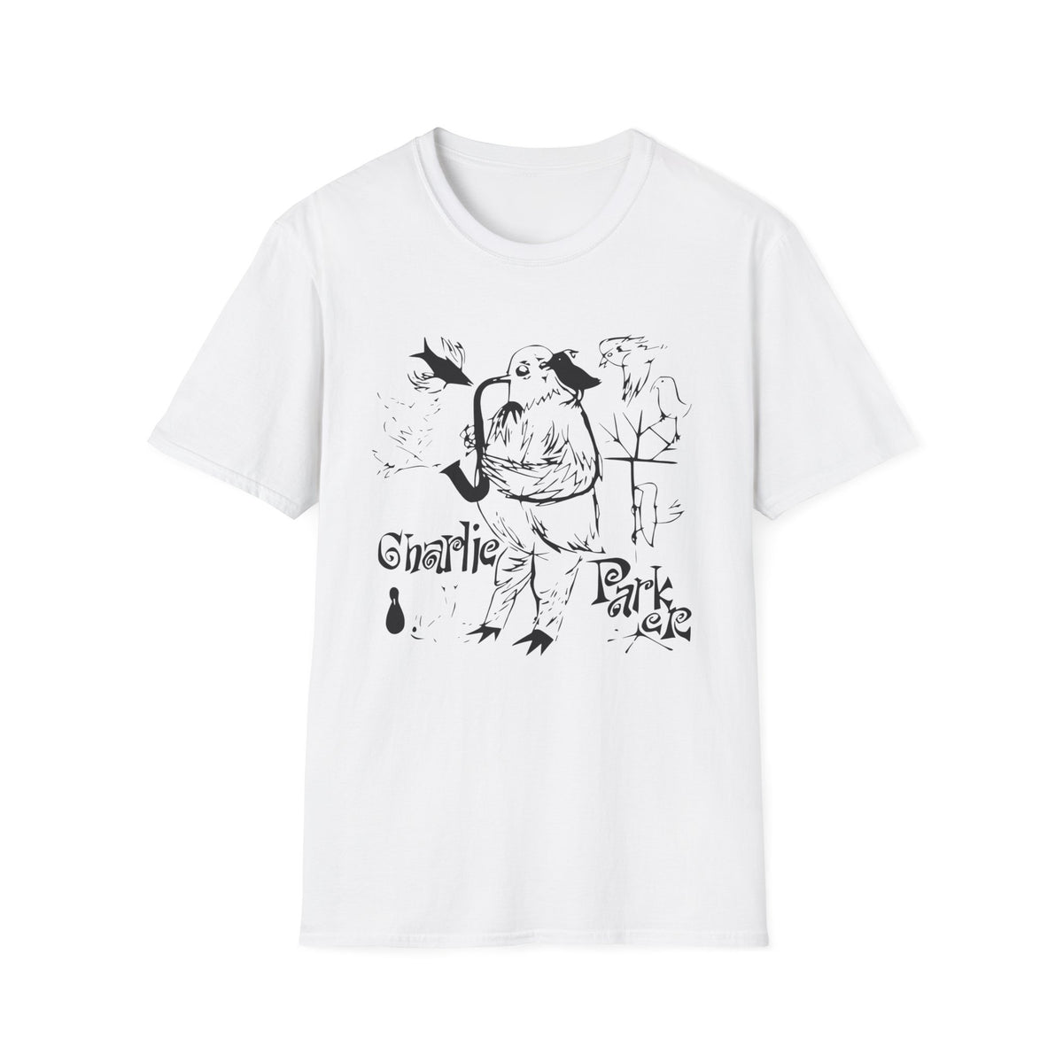 White t-shirt with a black ink drawing of a bird playing a saxophone and "Charlie Parker" text.