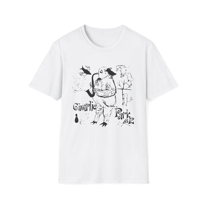 White t-shirt with a black ink drawing of a bird playing a saxophone and "Charlie Parker" text.