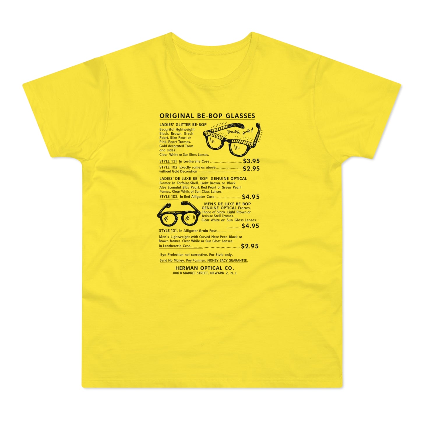 Yellow t-shirt with text and illustrations of sunglasses, listing styles and prices.
