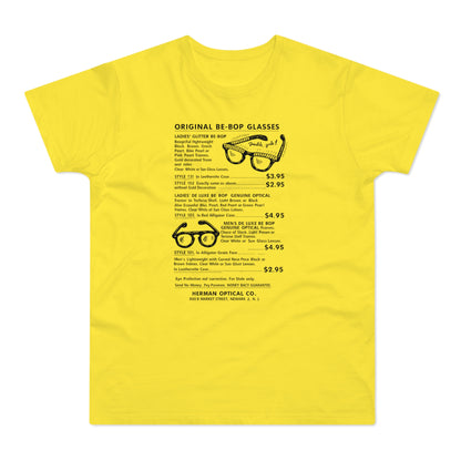 Yellow t-shirt with text and illustrations of sunglasses, listing styles and prices.
