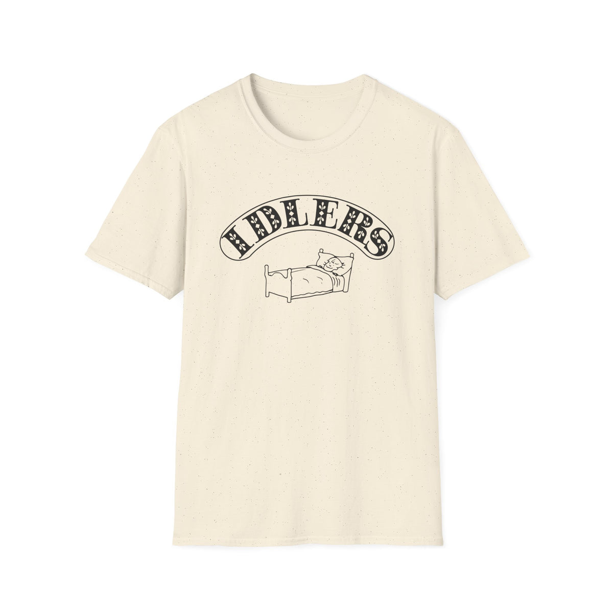 Cream t-shirt with "RIDDLERS" text and a drawing of a person in bed.