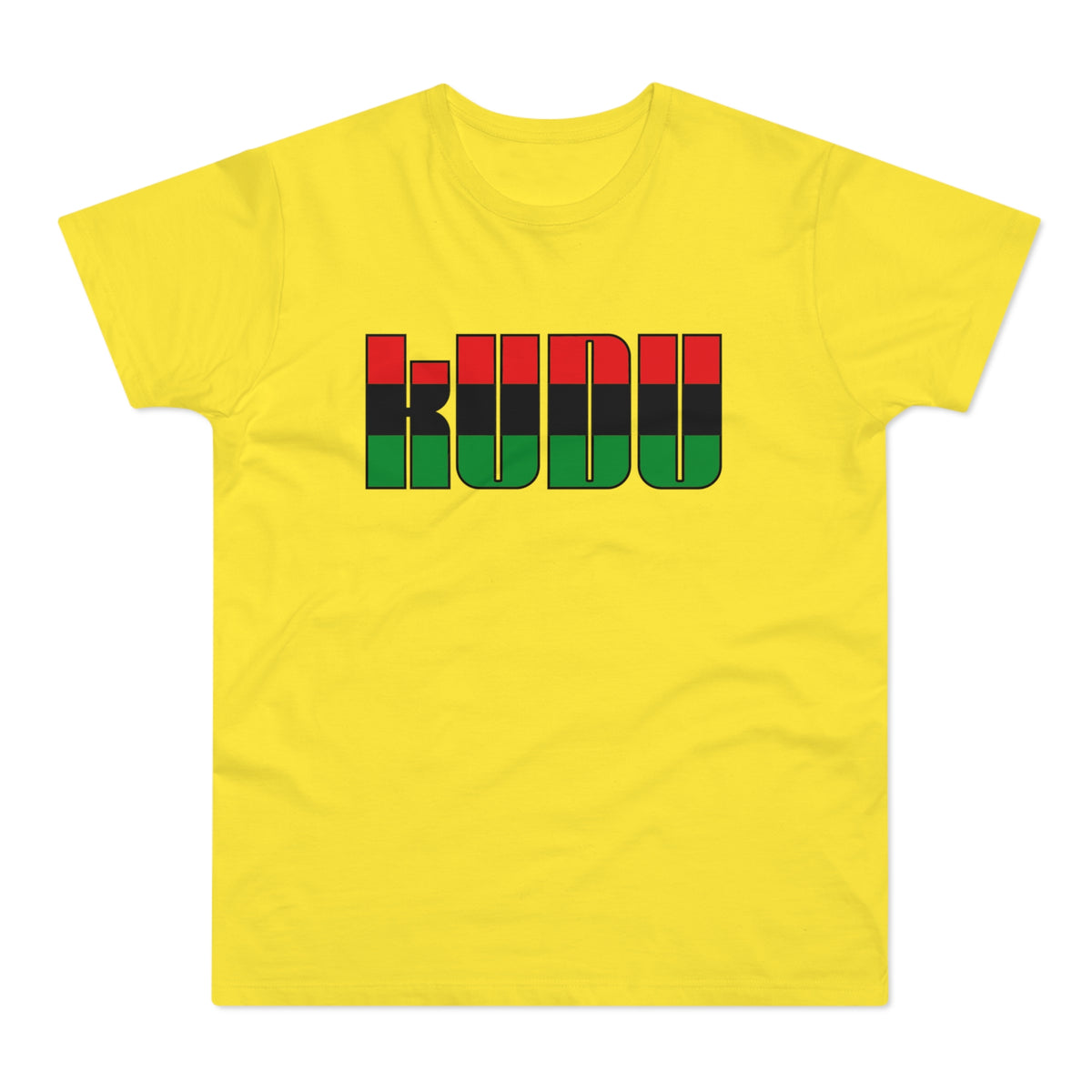 Yellow t-shirt with black, red, and green text spelling "KUDU".