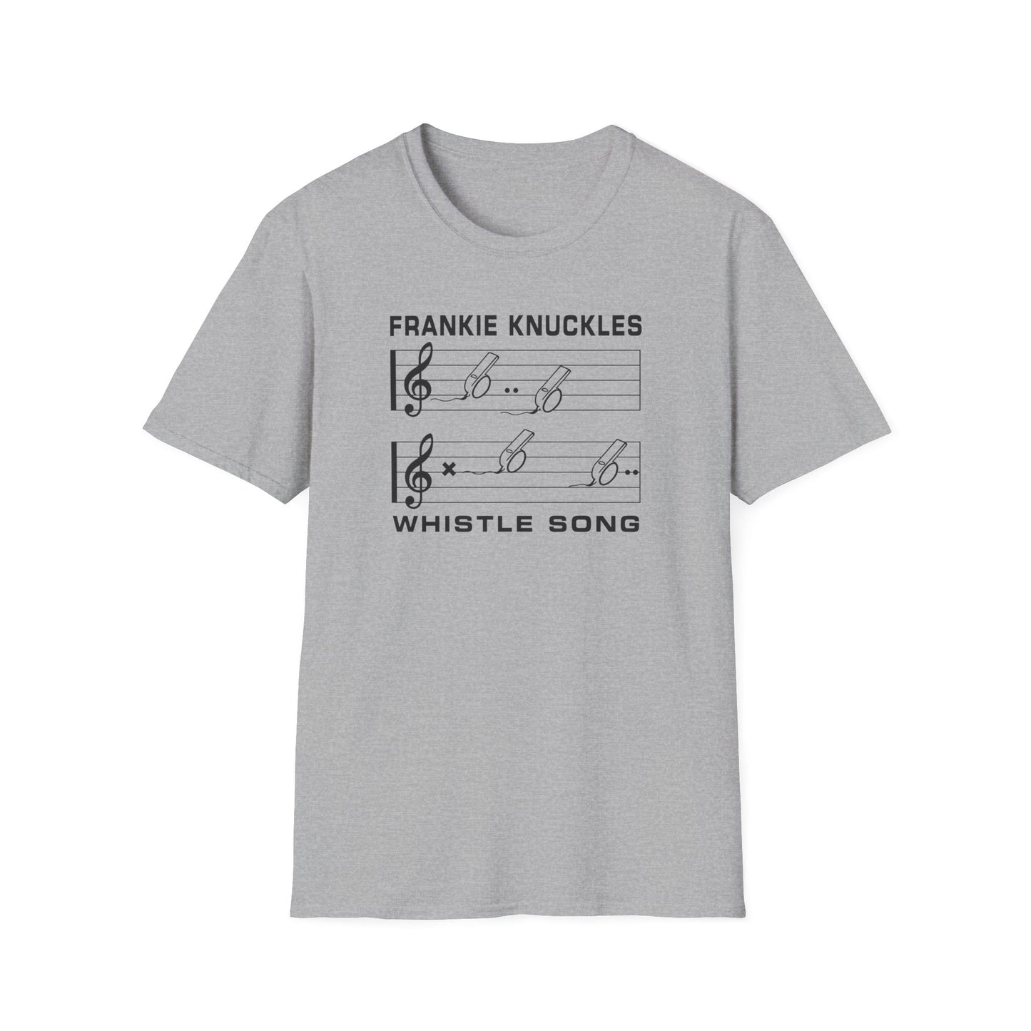 Grey t-shirt with "FRANKIE KNUCKLES WHISTLE SONG" and musical notes.