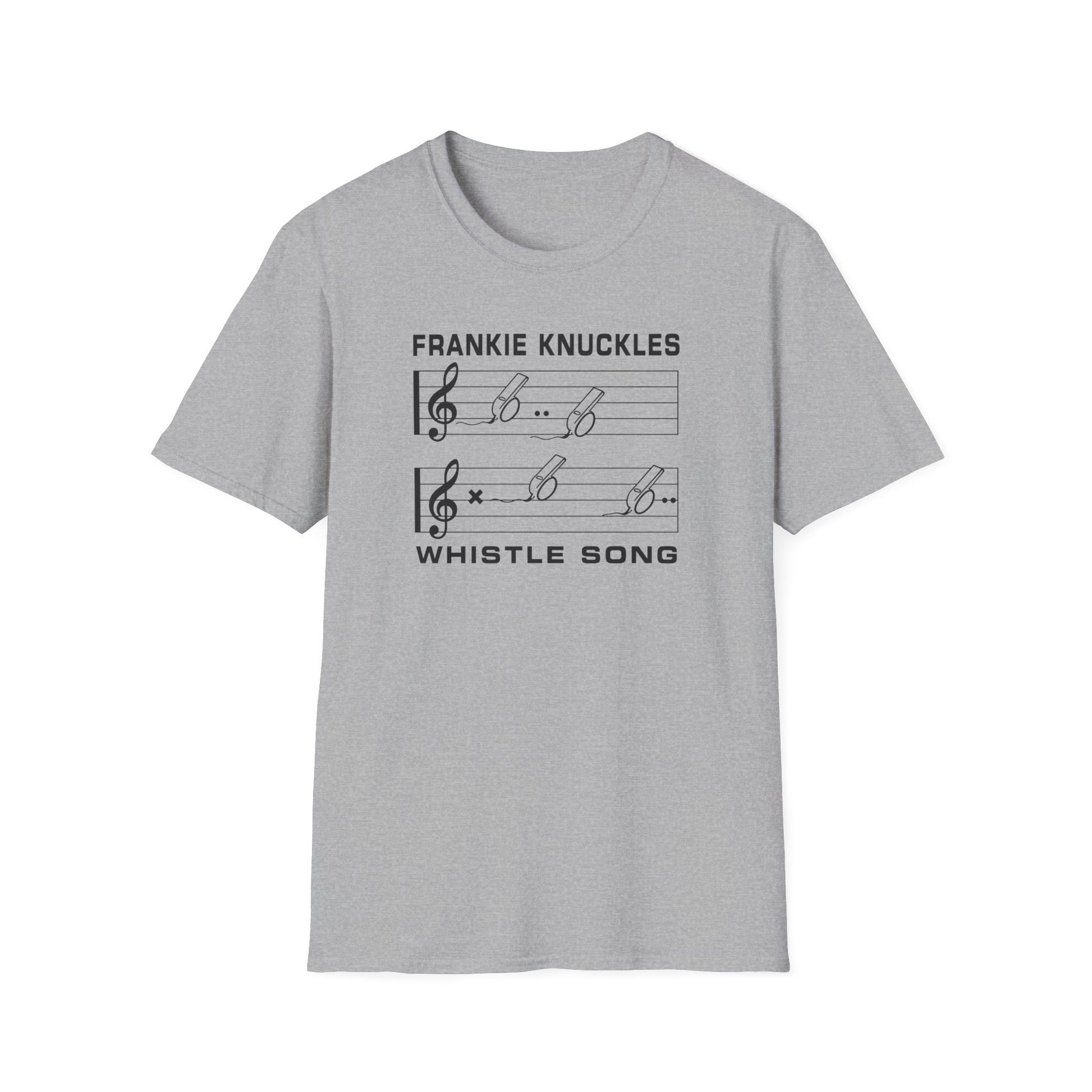 Grey t-shirt with "FRANKIE KNUCKLES WHISTLE SONG" and musical notes.