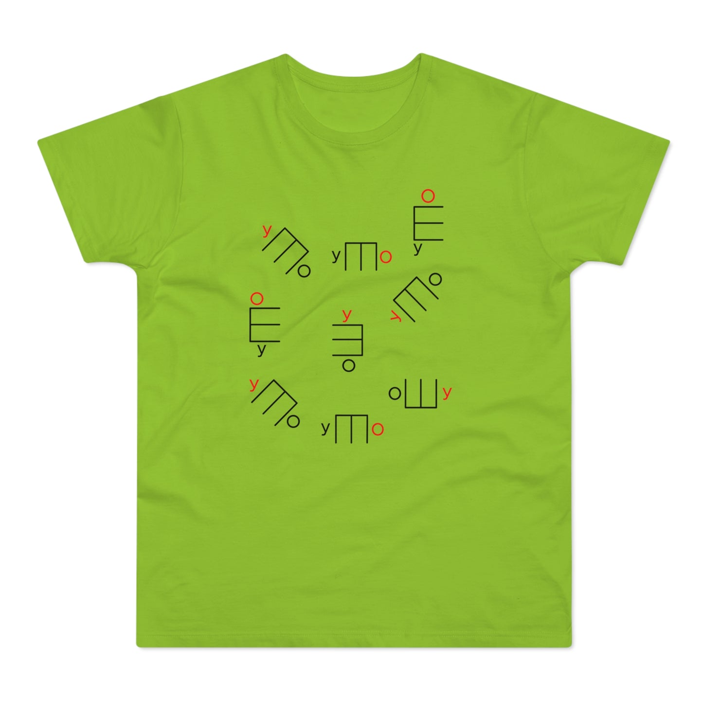 Lime green t-shirt with repeating abstract black and red symbols.