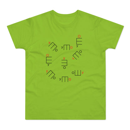 Lime green t-shirt with repeating abstract black and red symbols.