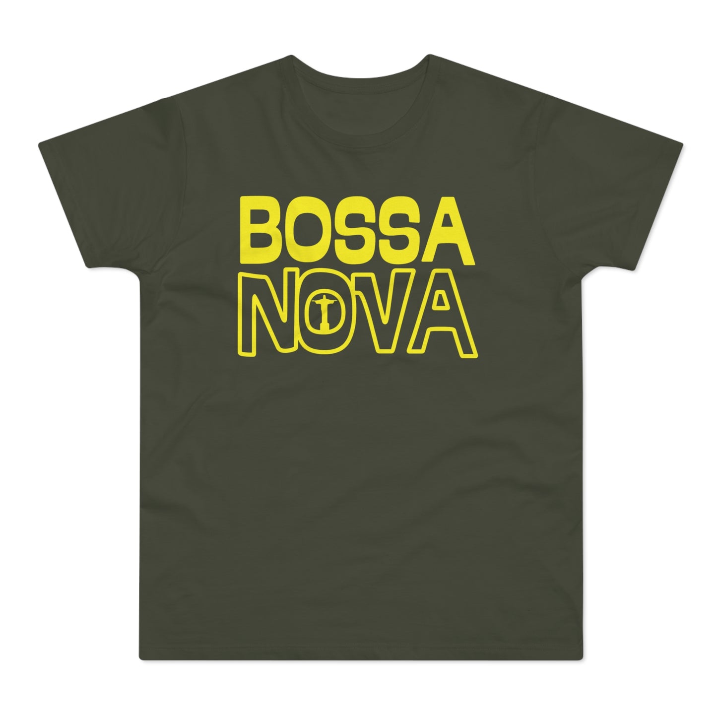 Dark olive t-shirt with yellow "BOSSA NOVA" text, featuring a silhouette of Christ the Redeemer in the "O" of NOVA.