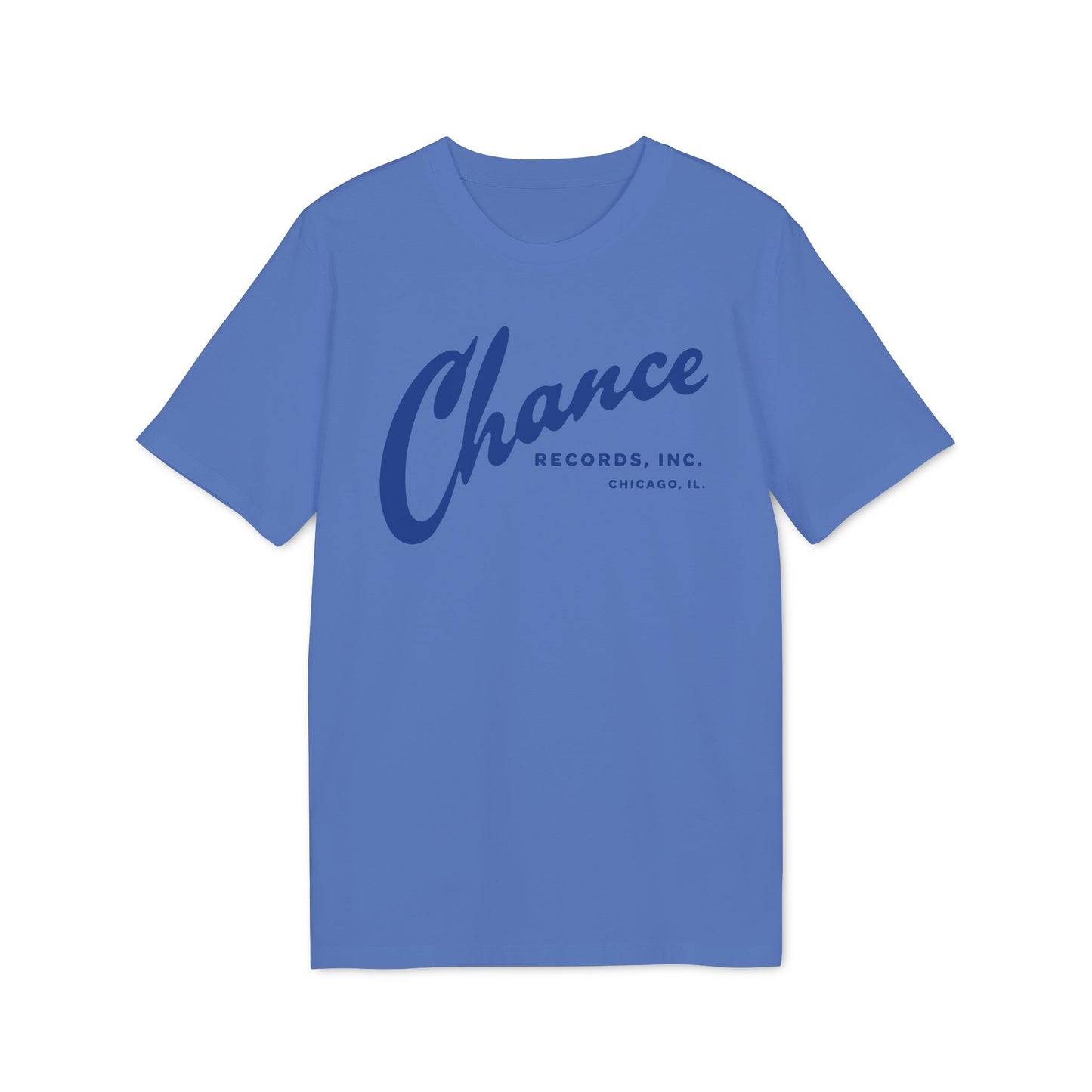 Blue t-shirt with "Chance Records, Inc., Chicago, IL." text logo.