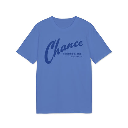 Blue t-shirt with "Chance Records, Inc., Chicago, IL." text logo.