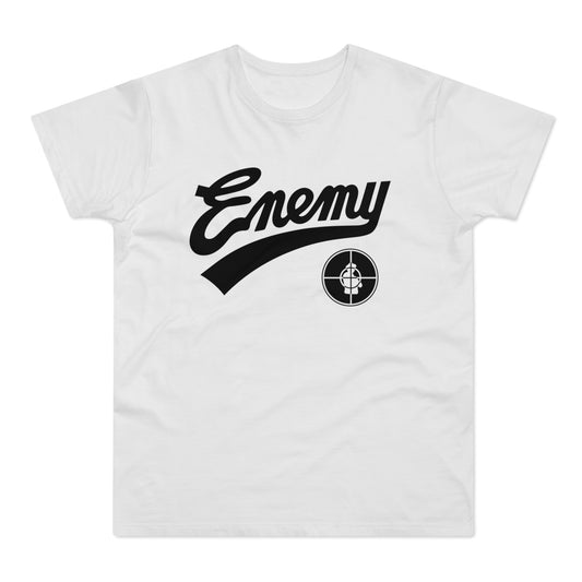 White t-shirt with black "Enemy" text and a circular target logo.