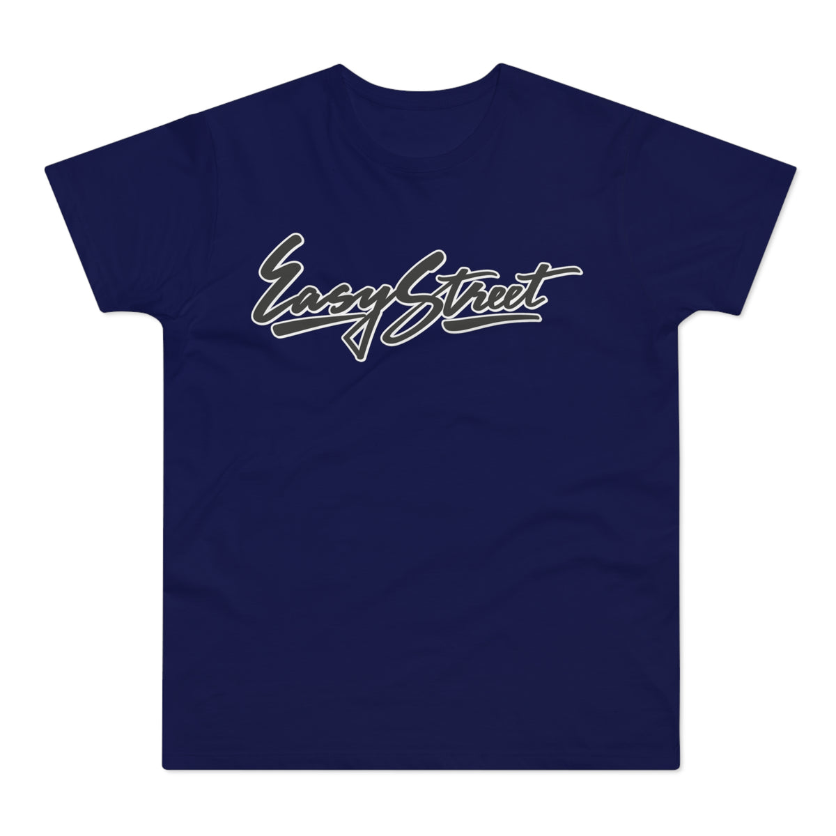 Navy t-shirt with "Easy Street" in stylized grey lettering on the chest.