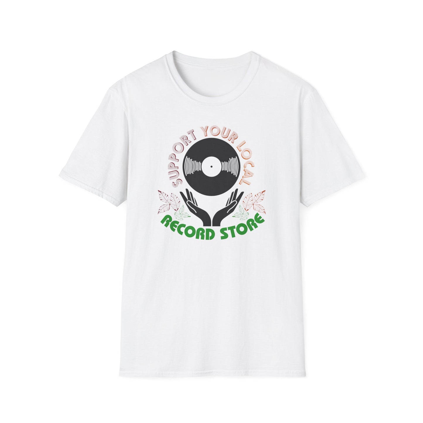 White t-shirt with a graphic of hands holding a record and text supporting local record stores.
