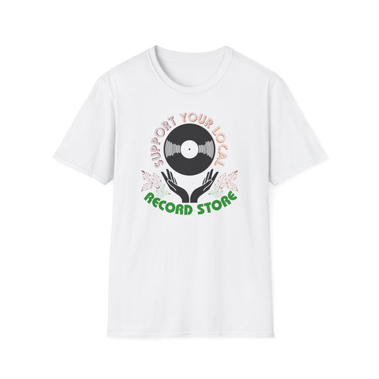 White t-shirt with a graphic of hands holding a record and text supporting local record stores.