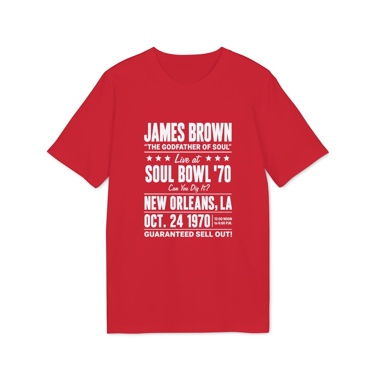 Red t-shirt with James Brown "Soul Bowl '70" concert details in white text.