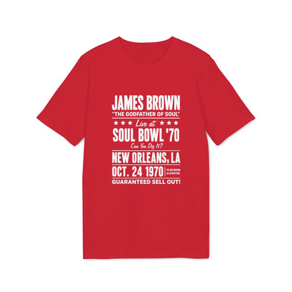 Red t-shirt with James Brown "Soul Bowl '70" concert details in white text.