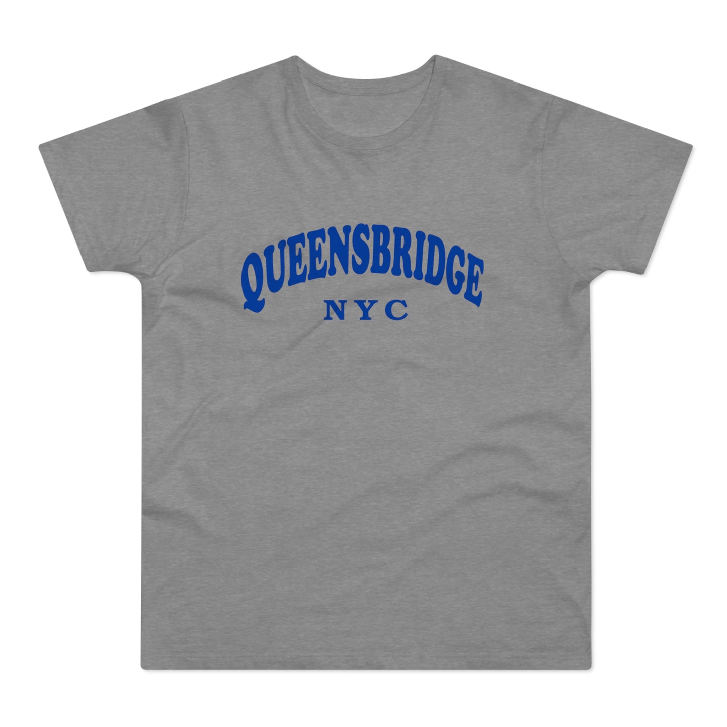Grey t-shirt with blue "QUEENSBRIDGE NYC" text.