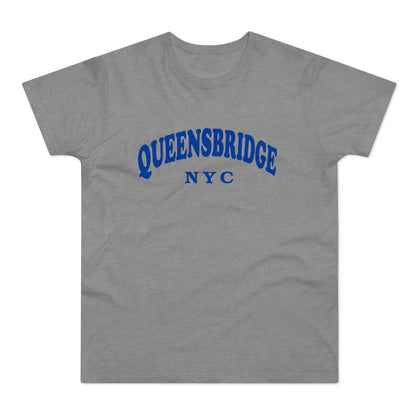 Grey t-shirt with blue "QUEENSBRIDGE NYC" text.
