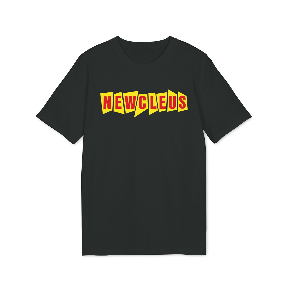 Black t-shirt with red and yellow "NEWCLEUS" text logo.