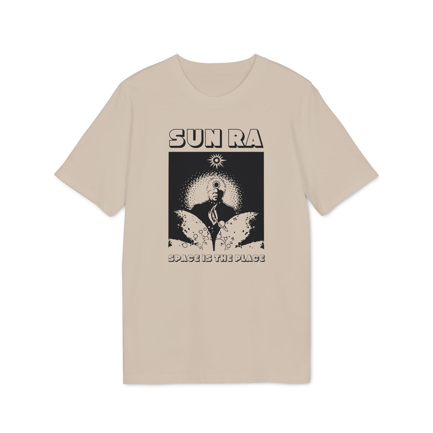 Tan t-shirt with "SUN RA SPACE IS THE PLACE" graphic featuring a portrait.