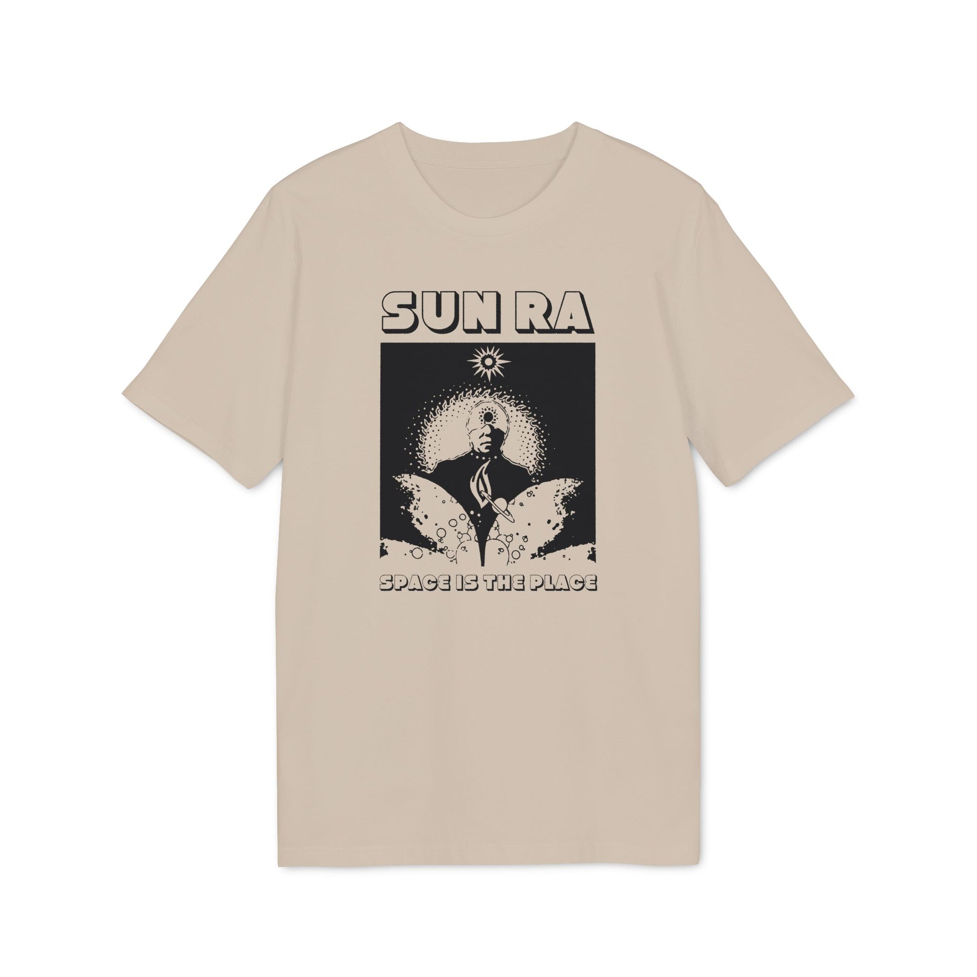 Tan t-shirt with "SUN RA SPACE IS THE PLACE" graphic featuring a portrait.