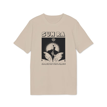 Tan t-shirt with "SUN RA SPACE IS THE PLACE" graphic featuring a portrait.