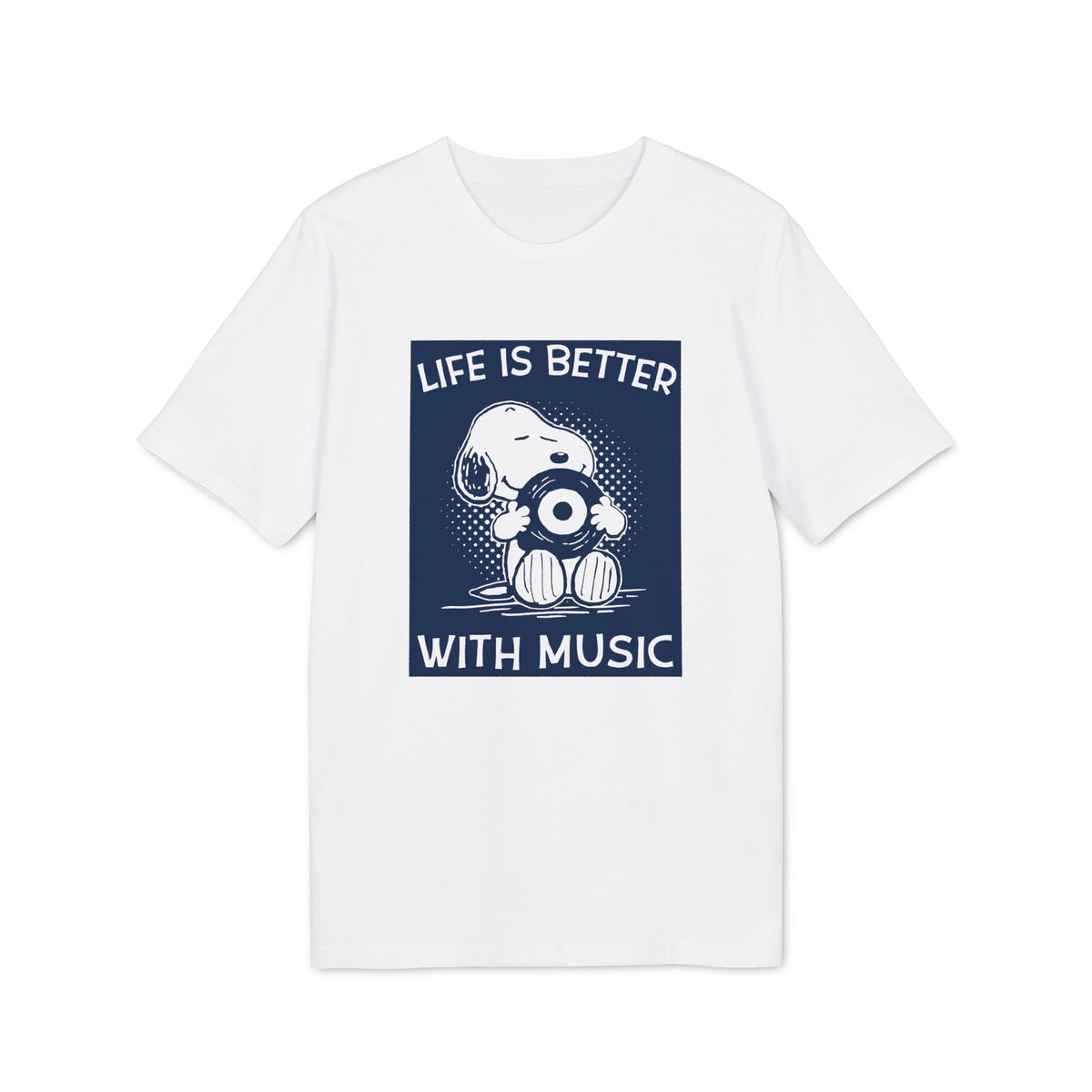 White t-shirt with Snoopy holding a record and text "Life is Better With Music".