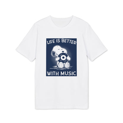 White t-shirt with Snoopy holding a record and text "Life is Better With Music".