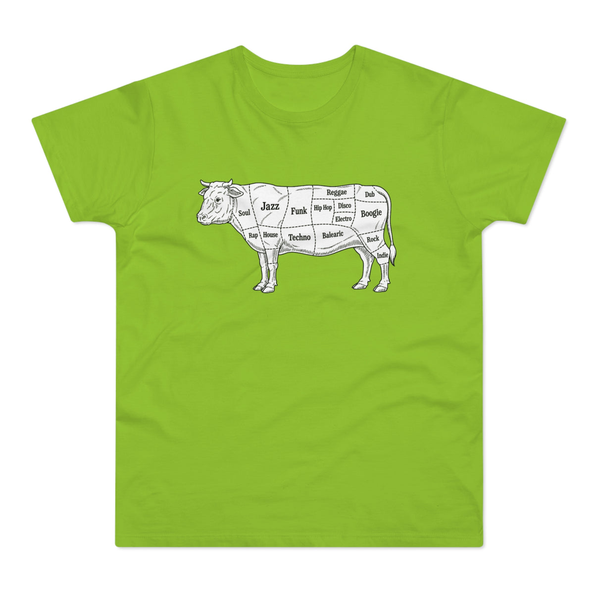Line drawing of a cow with music genres labeled on its cuts.