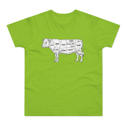 Line drawing of a cow with music genres labeled on its cuts.