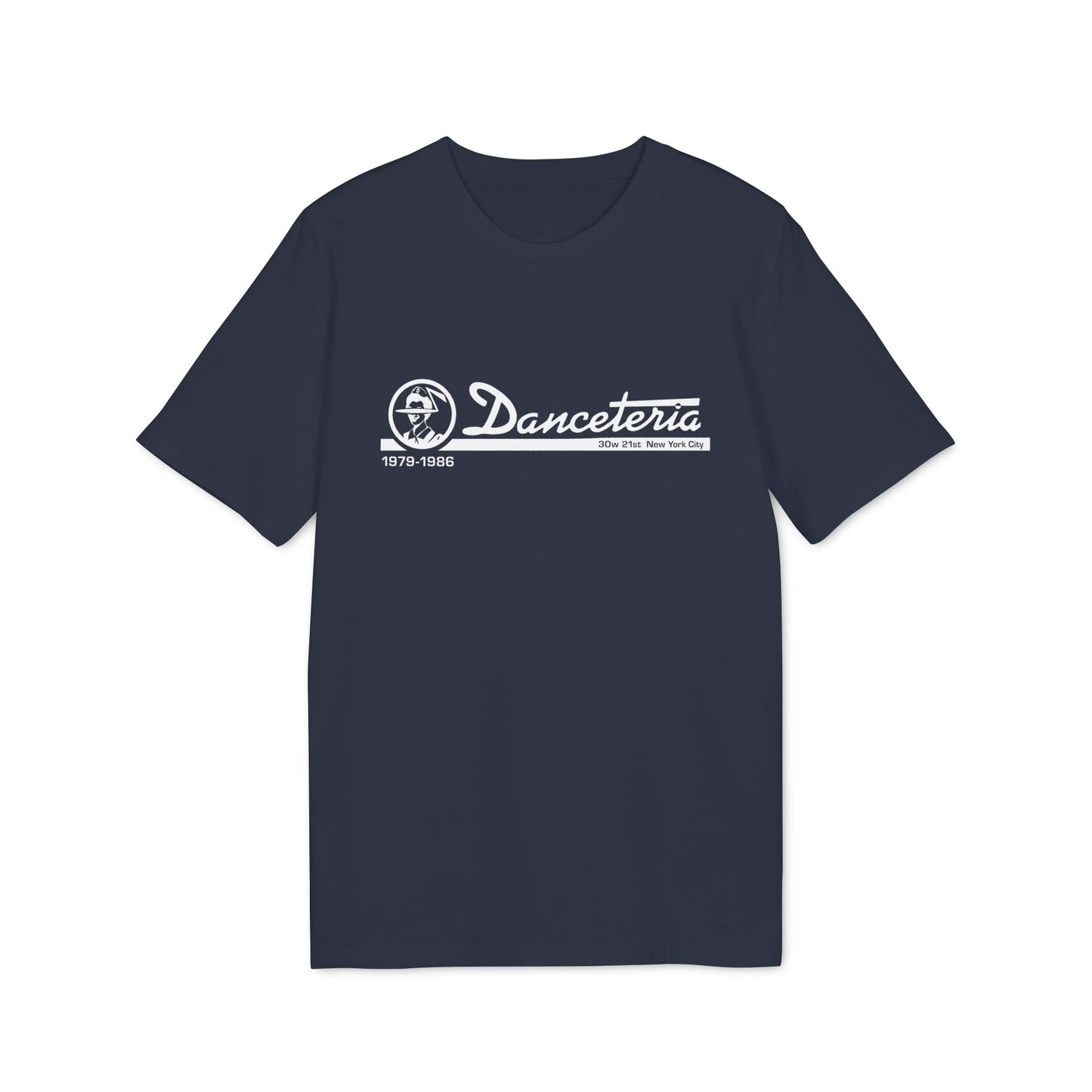 Navy t-shirt with white Danceteria logo, dates 1979-1986, and address.