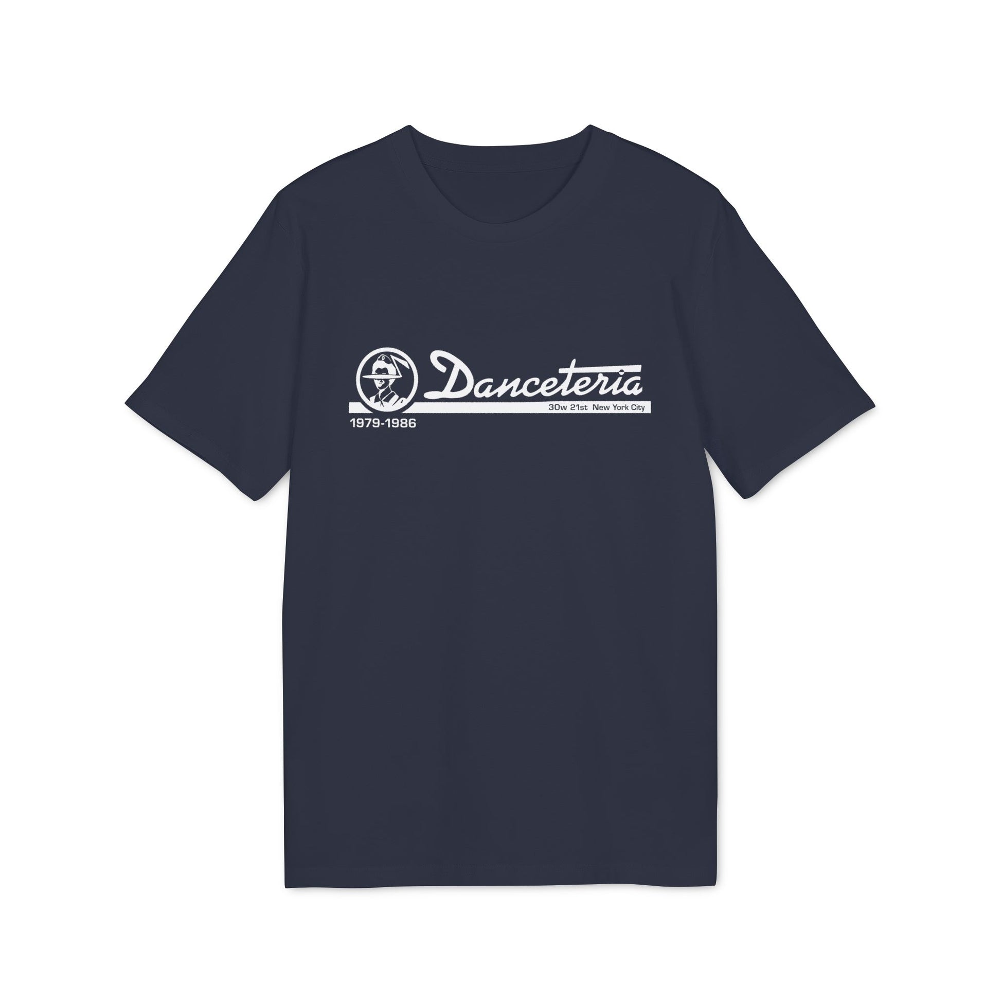 Navy t-shirt with white Danceteria logo, dates 1979-1986, and address.